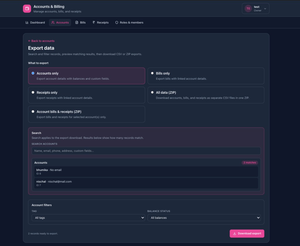 Search, filter, and export data