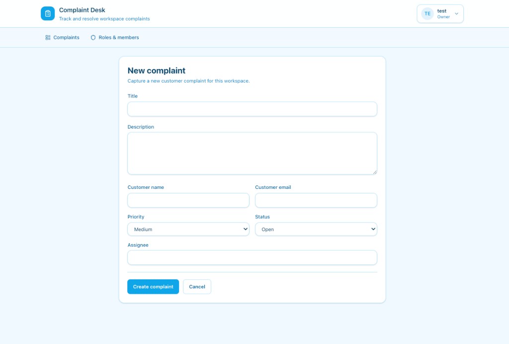 Create a complaint with priority and assignee