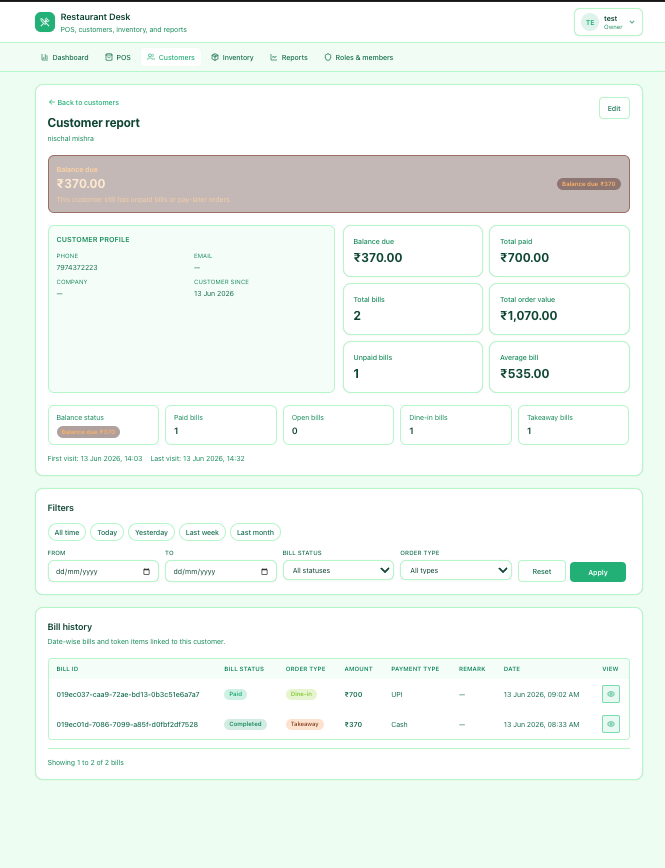 Customer balance and bill history
