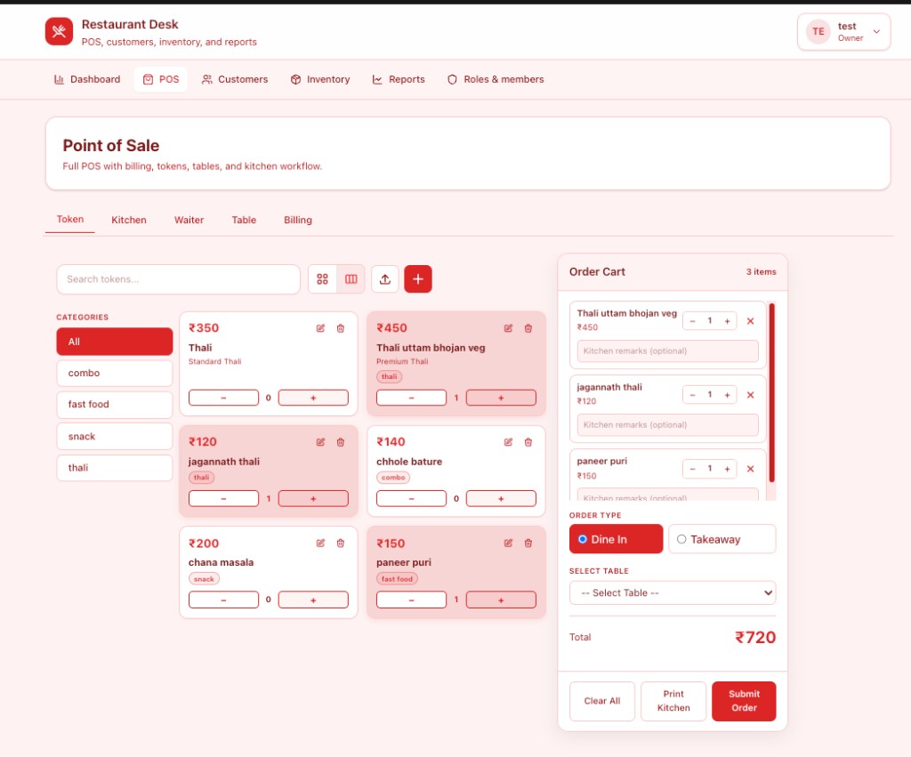 POS with token cart and kitchen workflow